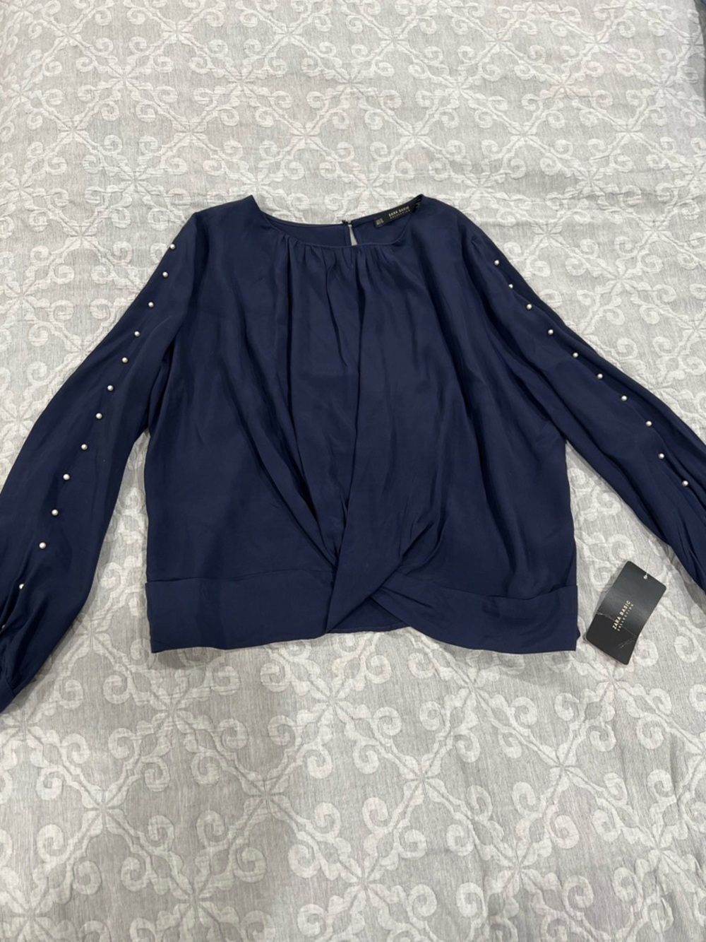 Zara Navy Pearl-Trim Twist-Front Blouse
